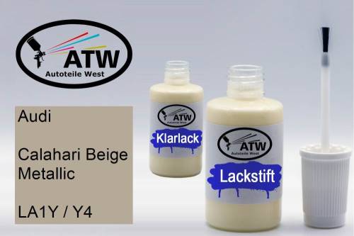 Audi, Calahari Beige Metallic, LA1Y / Y4: 20ml Lackstift + 20ml Klarlack - Set, von ATW Autoteile West.